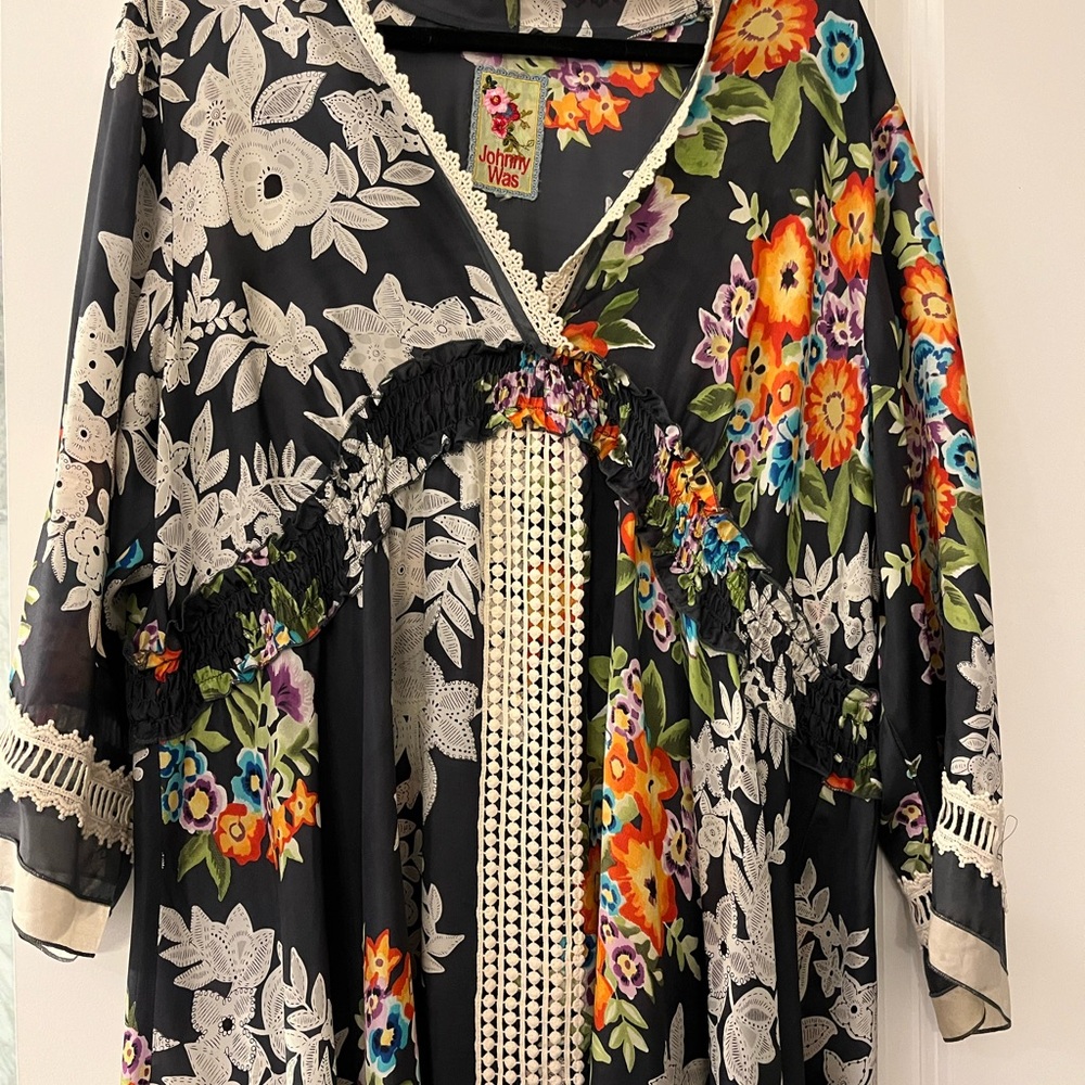 Johnny Was Black Floral Long Sleeve Dress with Multicolor Blooms